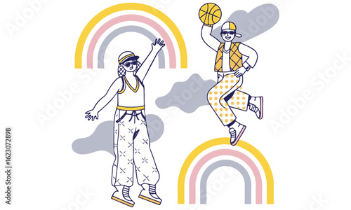 Colorful Urban Basketball Illustration Set – Funky Streetwear Style with Rainbows & Positive Vibes