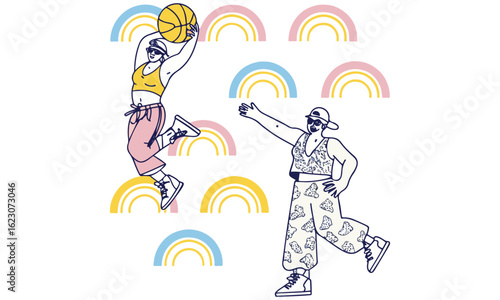 Colorful Urban Basketball Illustration Set – Funky Streetwear Style with Rainbows & Positive Vibes