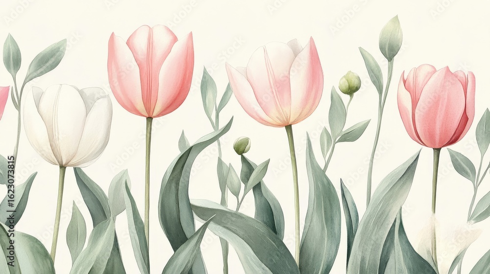 Obraz premium Watercolor Pink and White Tulips Floral Print, Botanical Illustration, Spring Flowers Botanical art, flower illustration