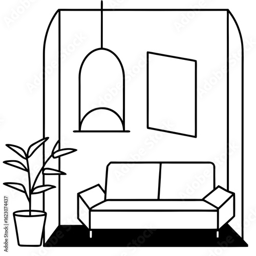 Sofa, coffee table, indoor plant, and hanging frame in a geometric, pastel-colored vector composition.