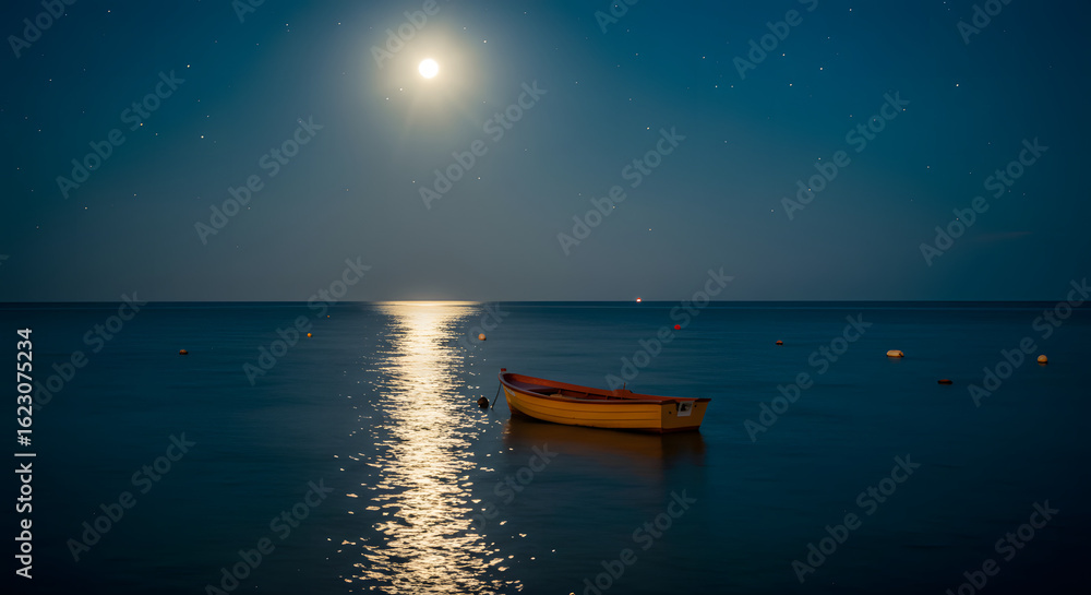 Naklejka premium Tranquil night scene featuring a small boat bathed in the glow of a full moon and stars