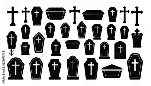 Collection of black silhouettes of tombstones and caskets