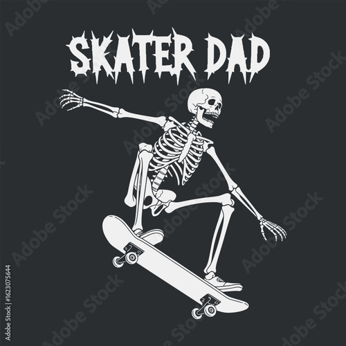 Skater Dad Skeleton on Skateboard Illustration for Skateboarding Culture, Fatherhood, and Edgy Graphic Design