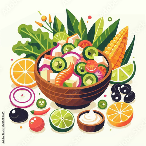 A vibrant, stylized illustration of a fresh salad bowl surrounded by colorful vegetables, citrus fruits, and corn on the cob.