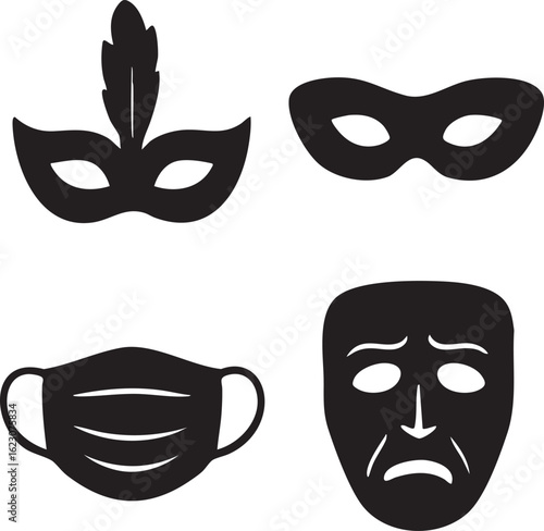 Four diverse masks including carnival theater tragedy and medical face mask icons