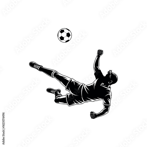Black and white silhouette of a soccer player kicking a ball football
