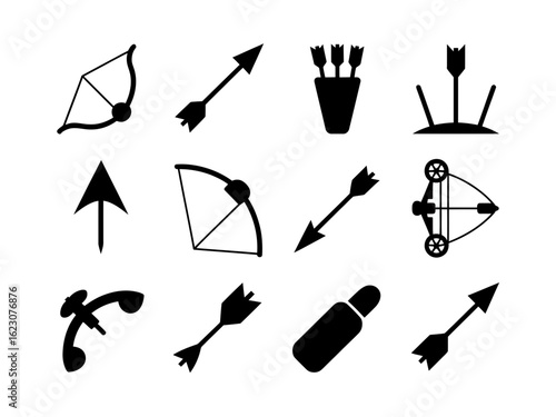 Collection of archery and hunting equipment icons silhouette isolated on white background
