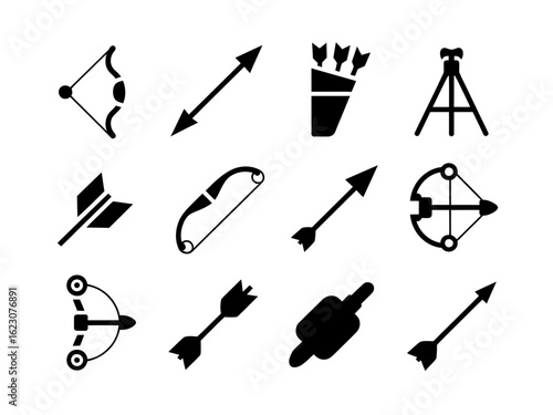 Collection of archery equipment and arrows in silhouette isolated on white background