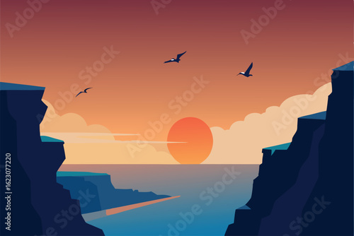 sun drenched island cliffs with seabirds  .eps