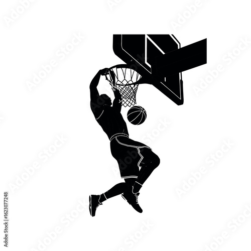 Black silhouette of a basketball player dunking a ball into a hoop sport 1