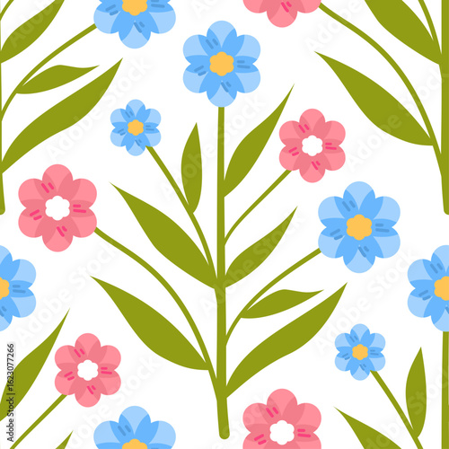 Seamless Floral Pattern with Pink and Blue Flowers