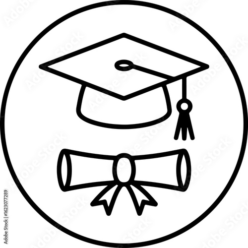 Simple line art icon of a graduation cap and diploma scroll inside a circle