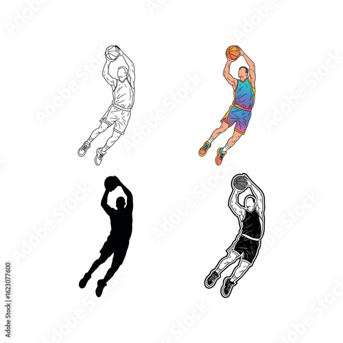 Basketball player dunking with colorful jersey and outline styles sport action