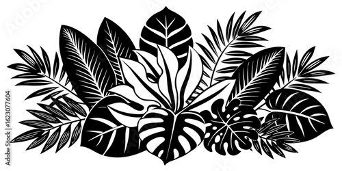 A joyful, colorful design featuring various tropical leaves in teal, pink, and yellow tones on a light beige background.
