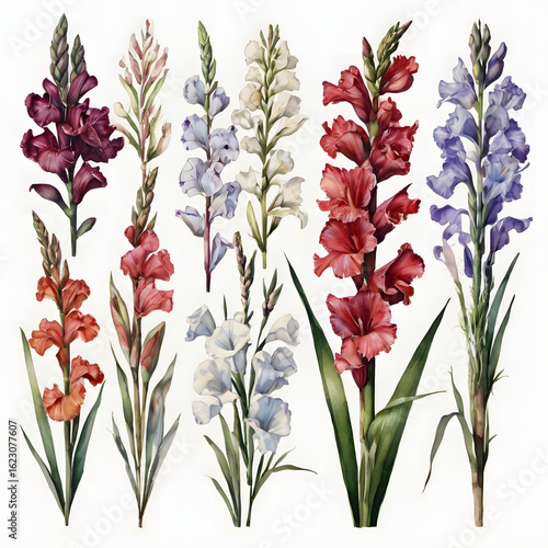 A vibrant bouquet of pink tulips and blossoms with green leaves against a white background