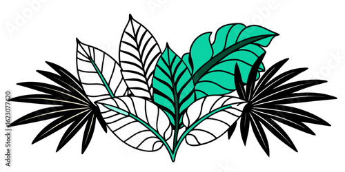 A joyful, colorful design featuring various tropical leaves in teal, pink, and yellow tones on a light beige background.