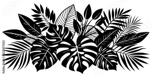 A joyful, colorful design featuring various tropical leaves in teal, pink, and yellow tones on a light beige background.