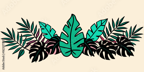 A joyful, colorful design featuring various tropical leaves in teal, pink, and yellow tones on a light beige background.