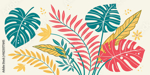 A joyful, colorful design featuring various tropical leaves in teal, pink, and yellow tones on a light beige background.