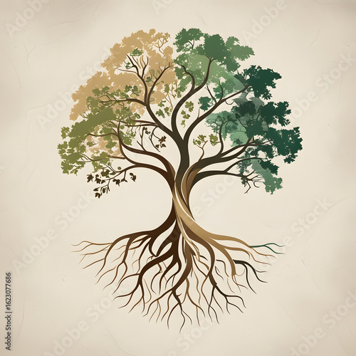 Decorative Nature Tree with Twisting Branches, Roots, and Autumn-Toned Leaves in Vector Style

