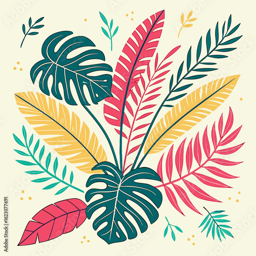 A joyful, colorful design featuring various tropical leaves in teal, pink, and yellow tones on a light beige background.
