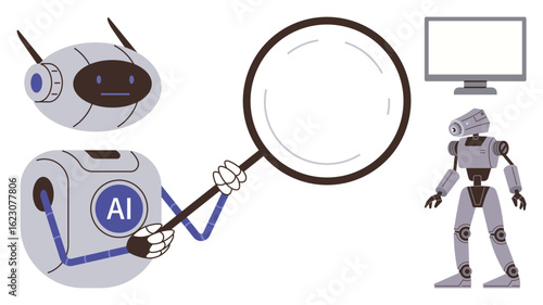 AI robot holding magnifying glass inspecting humanoid robot while computer monitor stands nearby. Ideal for artificial intelligence, robotics, analysis, innovation, research, technology, simple flat