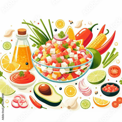 A fresh bowl of ceviche salad surrounded by colorful ingredients on a white background.