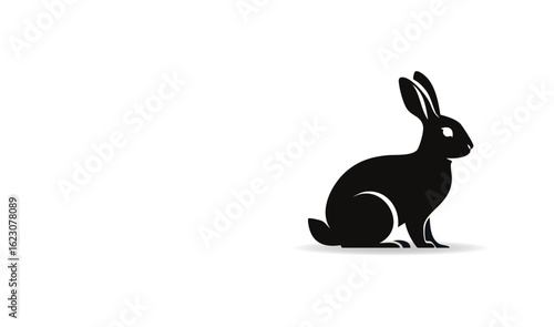 Cute Black Rabbit Silhouette Sitting Gracefully on a White Background with Subtle Shadow