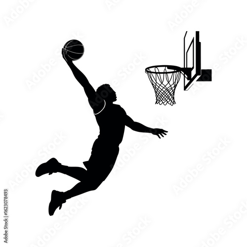 Black silhouette of a basketball player dunking on a white background slam dunk