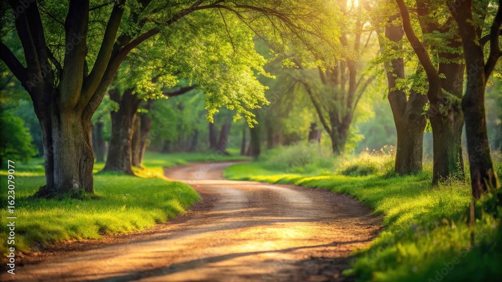 Naklejka premium Serene Pathway Through a Sun-Drenched Grove of Lush Green Trees on a Tranquil Summer Morning