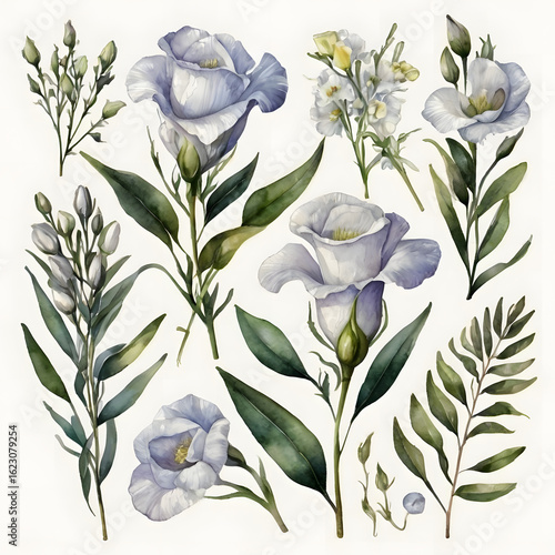 A stunning bouquet of vibrant blue irises blossoms with lush green leaves, a beautiful floral design for any spring or summer occasion