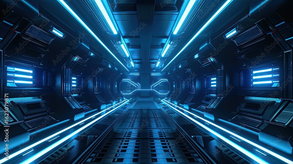 A futuristic corridor with glowing blue lights and metallic surfaces, evoking a sci-fi environment. A futuristic corridor with glowing blue lights and metallic surfaces, evoking a sci-fi environment.
