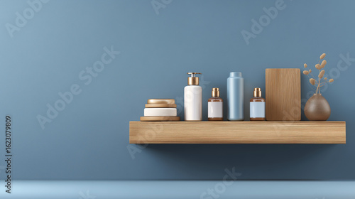 Wooden shelf with skincare bottles and dried flowers against blue wall beauty products