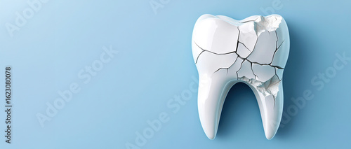 Cracked damaged tooth showing visible fractures and chips on blue background. Dental health issue concept useful for dentist and oral care awareness.