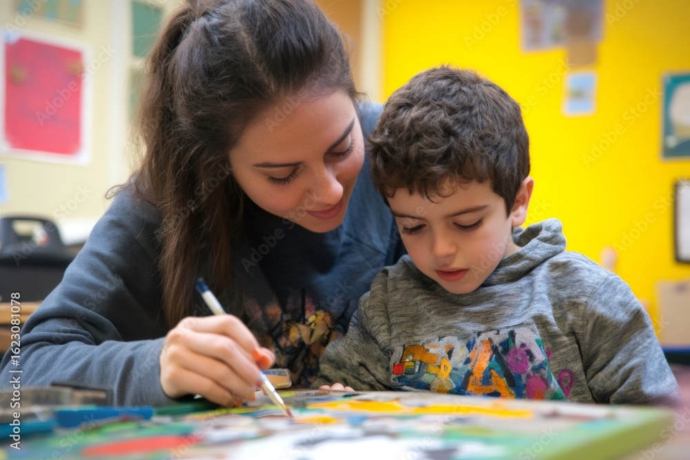 Fototapeta premium Female teacher assisting a young boy with his painting in a colorful classroom setting, fostering creativity and learning through art