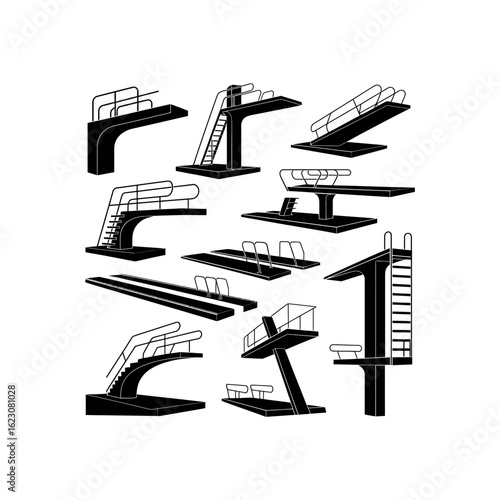 Collection of black silhouette diving boards and platforms diving platform swimming pool