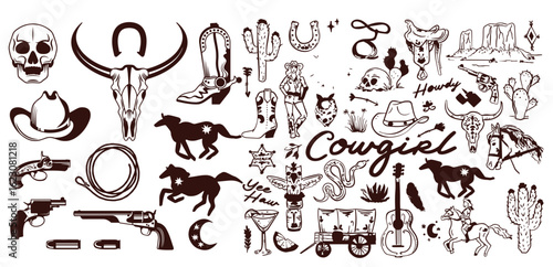 Western theme objects. Design Elements Isolated On White Background stock illustration