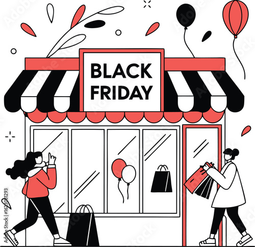 Minimalist Black Friday Shopping Illustration with Storefront and Shoppers in Red, Black, and White