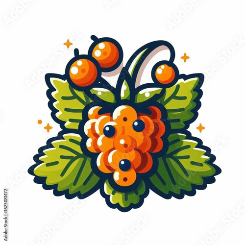 A stylized cartoon illustration of a ripe orange cloudberry cluster with lush green leaves and sparkles.