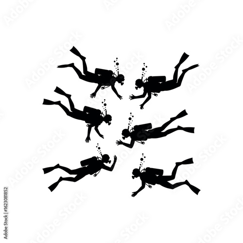Six black silhouette scuba divers swimming in a circle on white background scuba diving underwater