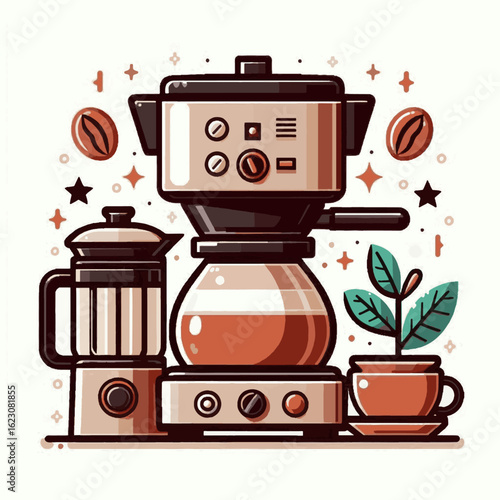 A charming flat illustration of a coffee brewing setup with a drip machine, French press, and coffee plant.