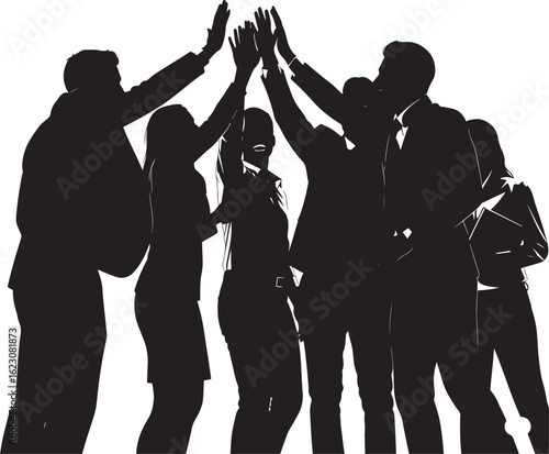 A diverse business team celebrates a shared accomplishment with a collective high-five showing teamwork and unity
