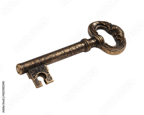 Old rusty vintage metal key isolated on white