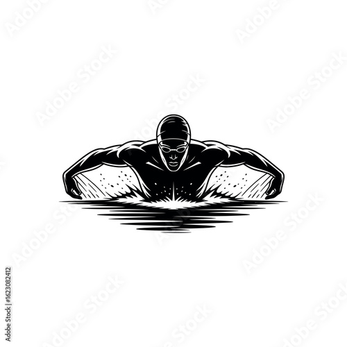 Black and white illustration of a swimmer performing butterfly stroke in water swimming sport