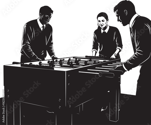 Business professionals playing foosball in a black and white illustration high contrast recreation