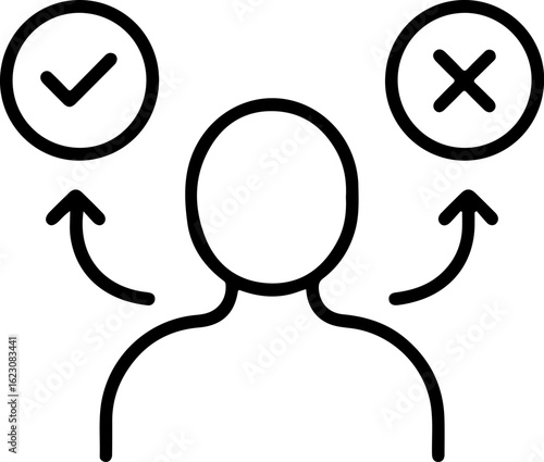 Human figure with check mark and cross symbols representing decision making and choices