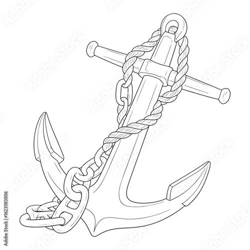 Illustration of an anchor with rope and chain on white colouring page