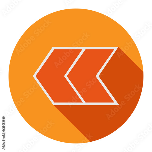 White chevron arrows pointing left on orange circular background with shadow effect, navigation icon for web interface and mobile app design
