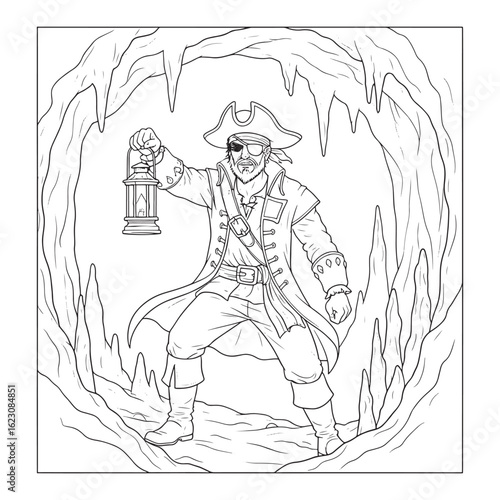 Pirate with lantern in cave coloring page illustration colouring page
