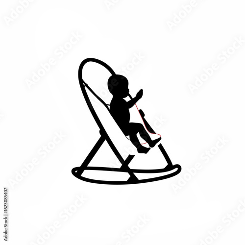 Silhouette of a baby bouncing in a baby bouncer chair on white background